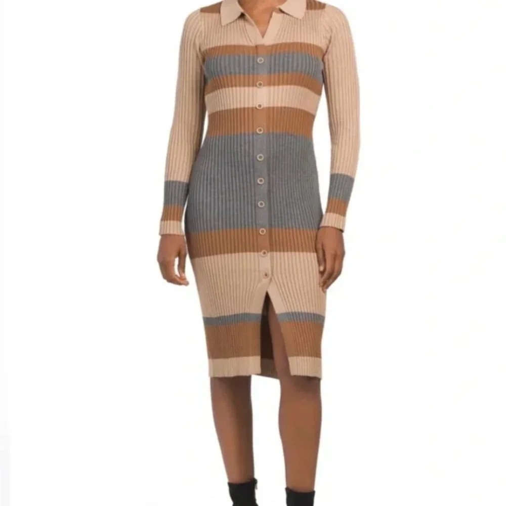 TAYLOR MIDI LENGTH STRIPED RIBBED KNIT BUTTON DOWN DRESS L - Picture 2 of 10
